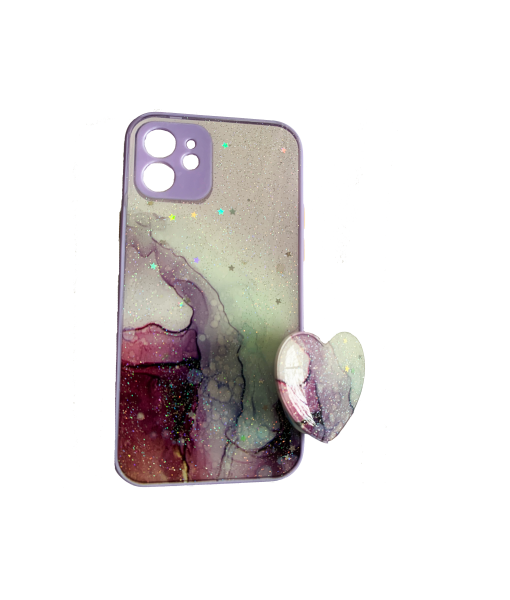 Husa Silicone iPhone 12 / iPhone 12 Pro cu Protectie Camera si Popsocket atasabil, Heart Purple Marble 4